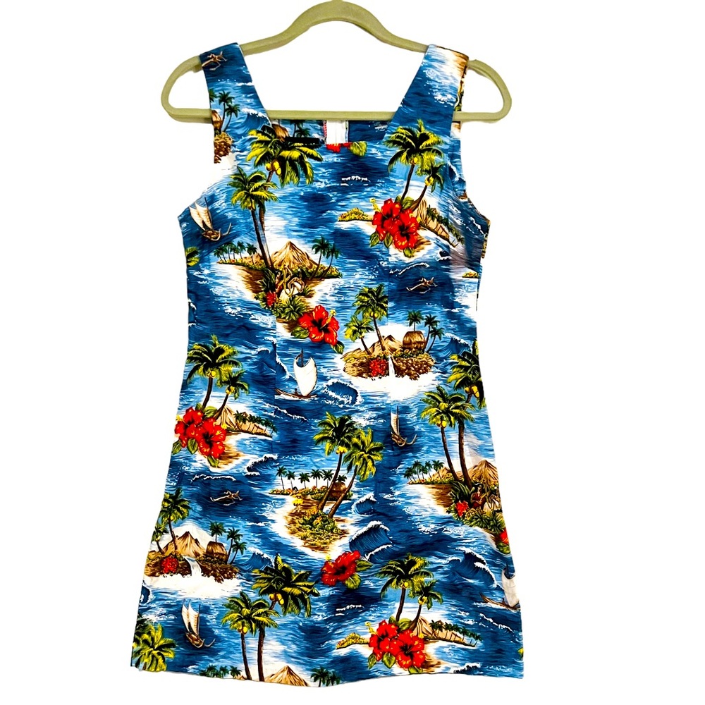 Vintage Blue Tropical Print Sundress with Red Floral Accents